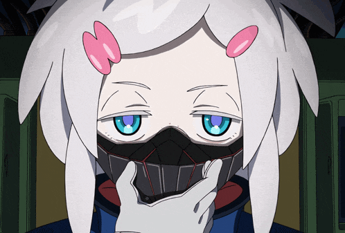 a cartoon character with white hair and blue eyes has a mask on her face