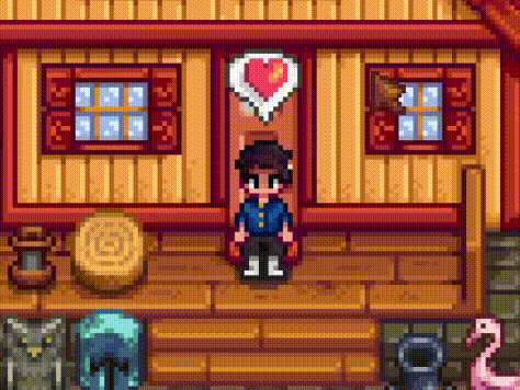 a pixel art of a man standing in front of a wooden house .