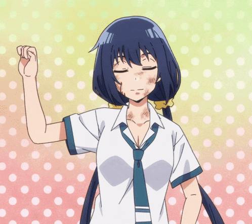a girl with blue hair wearing a white shirt and blue tie