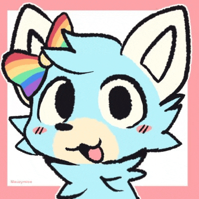 a blue cat with a rainbow bow on its head