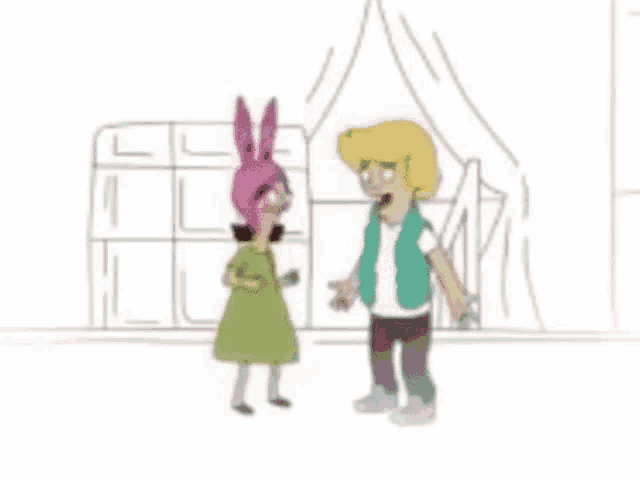 a man and a woman are standing next to each other in a cartoon .