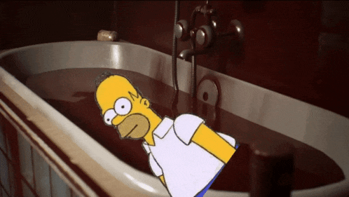 a cartoon of homer simpson laying in a bathtub filled with blood
