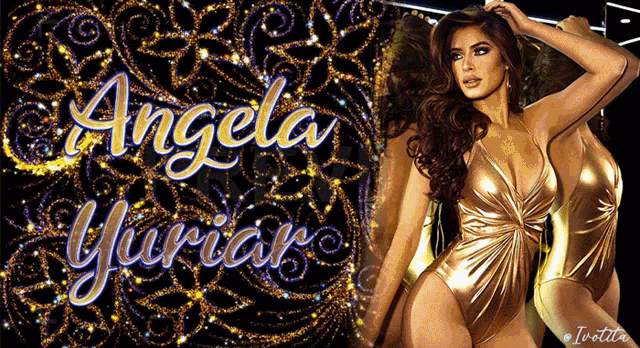 a picture of a woman in a gold swimsuit with the name angela yuria on it