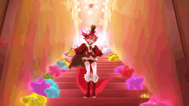 a cartoon character with red hair is standing on a set of stairs