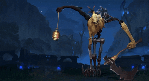 a scarecrow in a video game holding a lantern