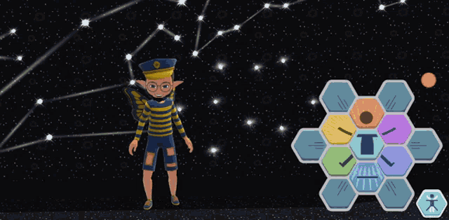 a cartoon character standing in front of a constellation
