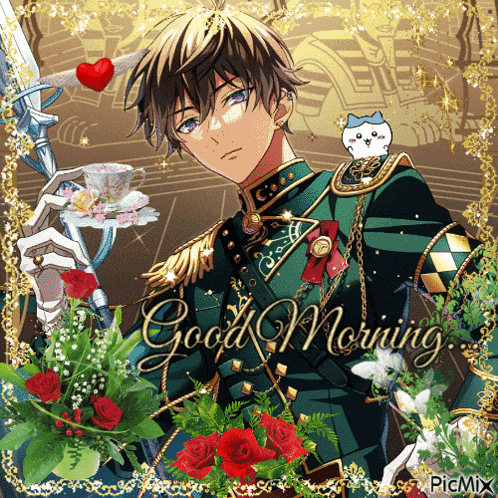 a picture of a man holding a cup of tea with the words good morning written on it