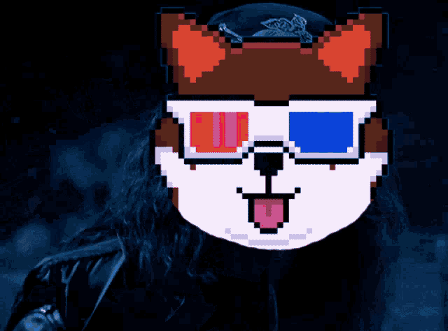a pixel art drawing of a dog wearing red and blue 3d glasses