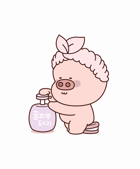 a cartoon pig is holding a bottle of soap
