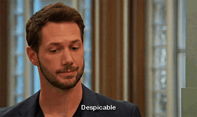 a man with a beard is wearing a suit and says despicable .