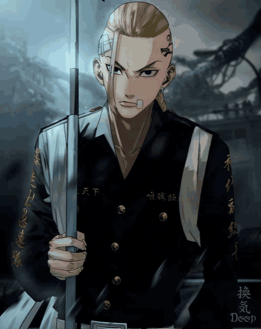 a man with a bandage on his forehead is holding a sword with deep written on the sleeves