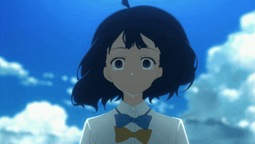 a girl with blue hair and a yellow bow tie