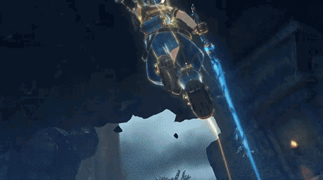 a person in a video game is holding a sword in their right hand