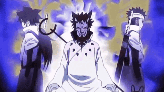 a group of anime characters are standing next to each other and one of them has a mask on his face .
