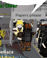a video game character says papers please in a chat