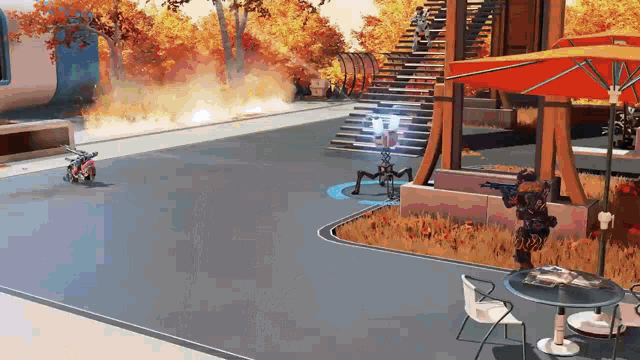 a video game scene with a table and chairs and a motorcycle