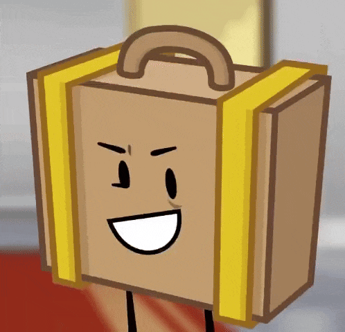 a cartoon drawing of a suitcase with a yellow handle and a smiling face