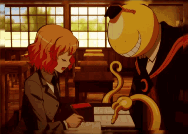 a man and a girl are sitting at a desk in a classroom and the girl is writing in a notebook