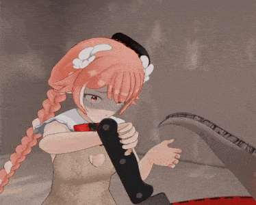a cartoon girl with a knife sticking out of her nose