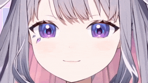 a close up of a girl 's face with purple eyes and white hair