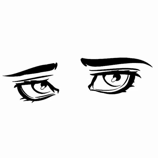 a black and white drawing of a person 's eyes with a slight smirk .