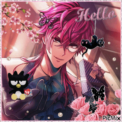 a picture of a man with pink hair and a butterfly in his hair with the word hello written on it