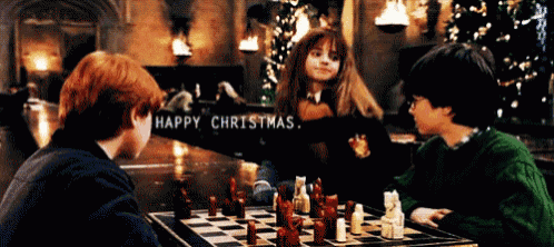 harry potter and hermione granger are playing chess in front of a christmas tree