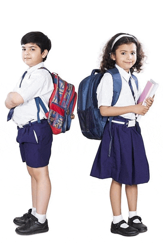 a boy and a girl are standing next to each other with backpacks