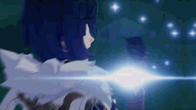 a girl with purple hair is standing in a dark room with a light coming out of her eyes .