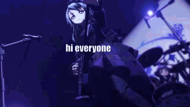 a woman is standing in front of a microphone with the words `` hi everyone '' written on the screen .