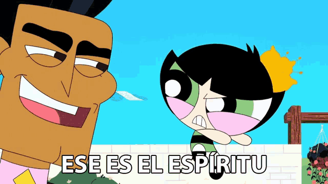 a cartoon of a man and a girl with the words " ese es el espiritu "