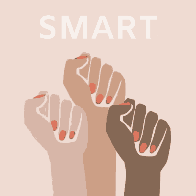 three women 's fists with red nail polish and the word beautiful below them