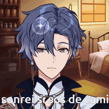 a blue haired anime character with the words sonrei si sos de cami above him