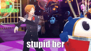 a man in a suit is dancing next to a stuffed animal with the words stupid ber on it