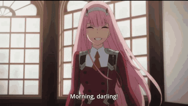 a girl with pink hair is standing in front of a window and says morning darling