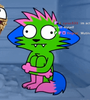 a cartoon character with a pink and green haircut is sitting in front of a ice cream cone
