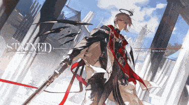 a man holding a sword with the word stained on the bottom right