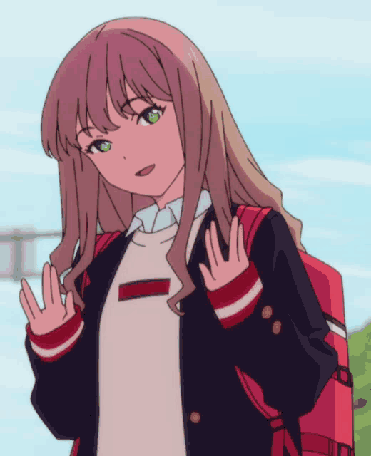 a girl with pink hair and green eyes is wearing a jacket and a red backpack