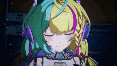 a girl with headphones on has a circle around her neck that says ' a ' on it