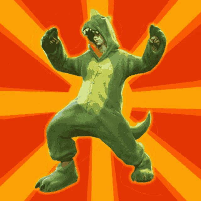 a man in a green dinosaur costume is dancing with his arms outstretched