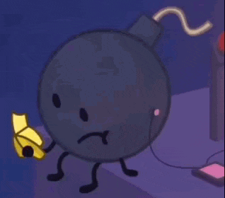 a cartoon bomb with arms and legs is holding a banana in its hand .