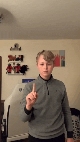 a boy in a grey shirt is pointing upwards