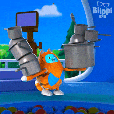a cartoon cat holding pots and pans with the word blippi on the bottom
