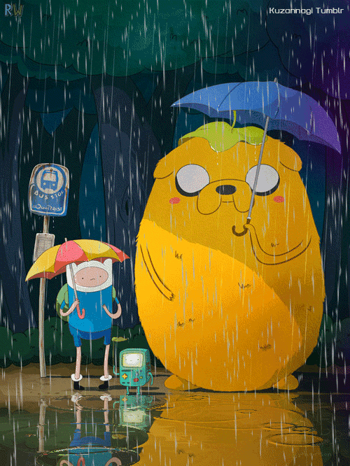 a cartoon character holding an umbrella stands next to another character in the rain under a sign that says bus stop