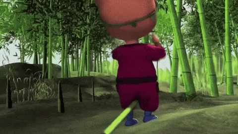 a cartoon character is walking through a forest