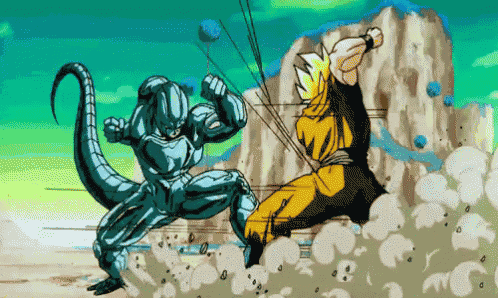 a cartoon drawing of a man and a monster fighting