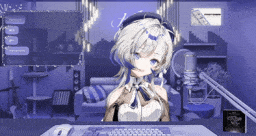 a girl is sitting at a desk in front of a microphone with a box that says photorem on the wall behind her