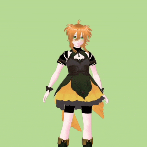 a 3d model of a girl with orange hair and a green background