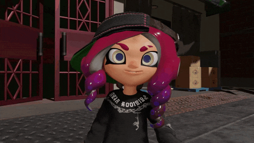 a cartoon character with purple hair and a black shirt that says gear boobies is pointing at something