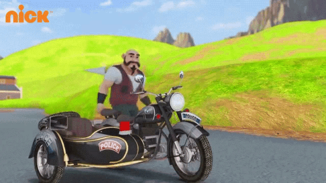 a man riding a motorcycle with a sidecar that says police on it